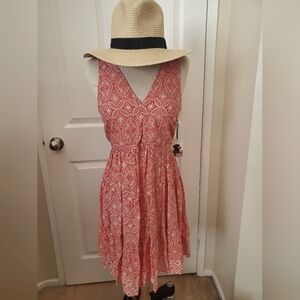 V Neck Orange And White Pattern Dress Womens Large